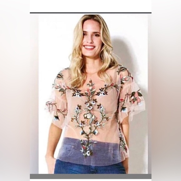Dex Tops - New DEX Floral Embroidered Pink Sheer Tulle Top S